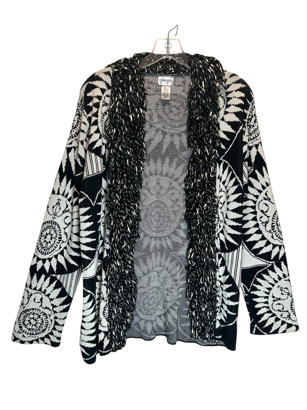 Chico’s Black & White Silk Blend Open Cardigan w/ Sundial Design, Fringe - Large